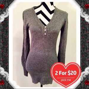 Soft Gray "Diamond" Button V-Neck Sweater
